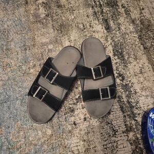 Women's Black Slide Sandals with Buckles, Size 8.5